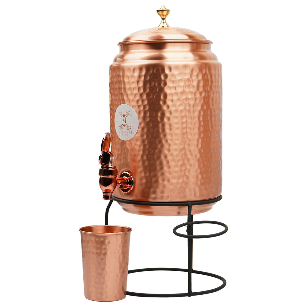 Mercape® 5 Litre Pure Copper Water Dispenser with Stand & 300ml Tumbler | Matte Finish | Full Hammered & Half Hammered Design | Ayurvedic Health Benefits (Full-Hammered Dispenser)