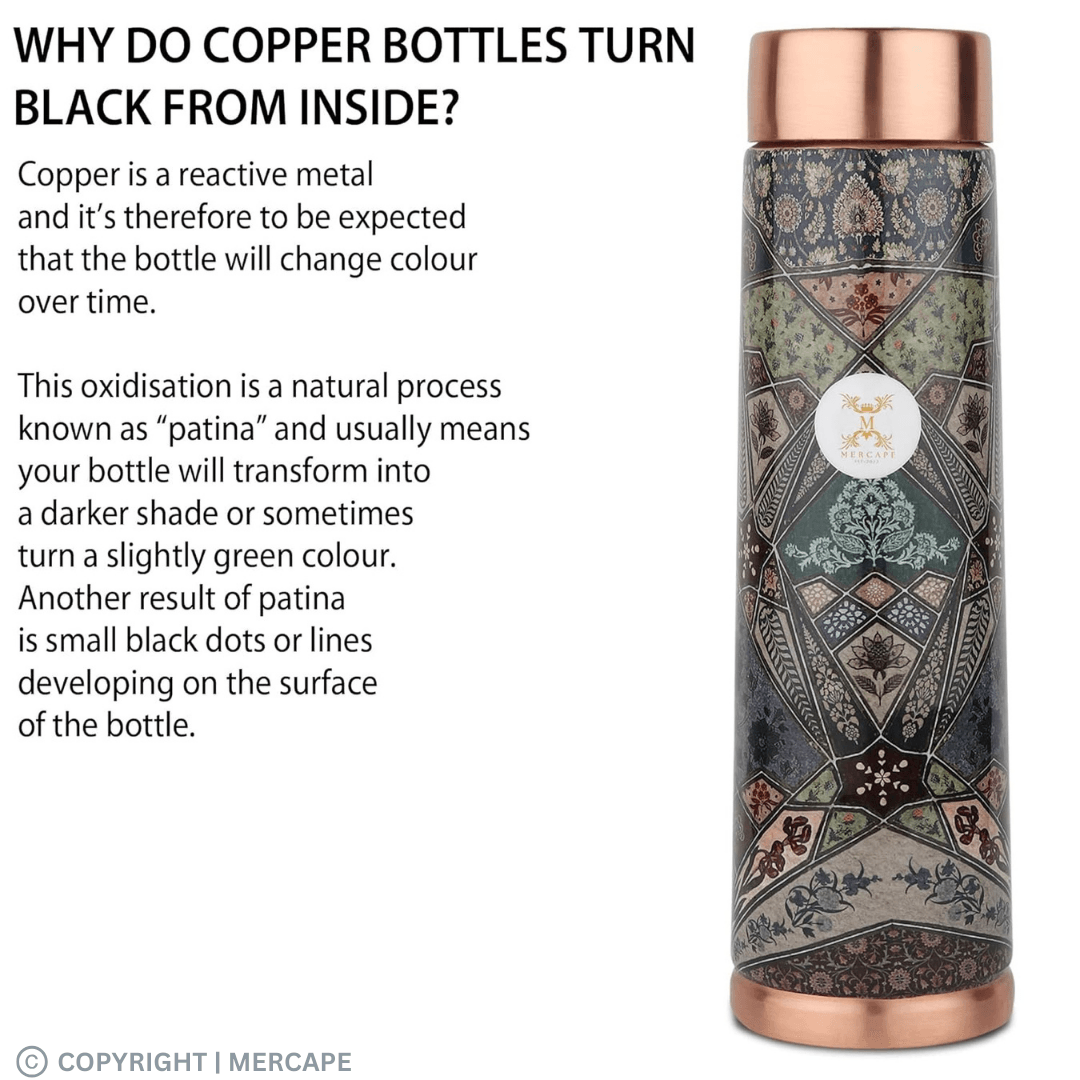 MERCAPE® - Copper Bottles, 100% Pure Copper Anti Rust Anti Oxidant Leak Proof Floral Meena Printed BPA Free Water Flask Kitchen Accessory, Fancy Bottle For Kids Office Gym Travel (950 ML) - Black