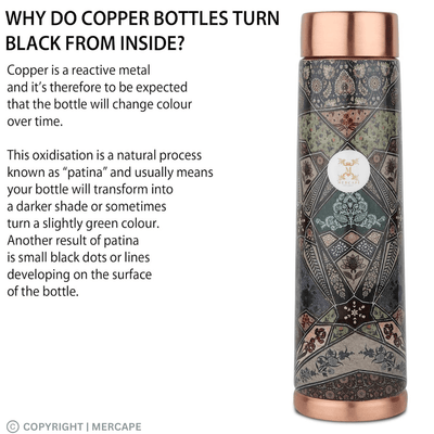 MERCAPE® - Copper Bottles, 100% Pure Copper Anti Rust Anti Oxidant Leak Proof Floral Meena Printed BPA Free Water Flask Kitchen Accessory, Fancy Bottle For Kids Office Gym Travel (950 ML) - Black