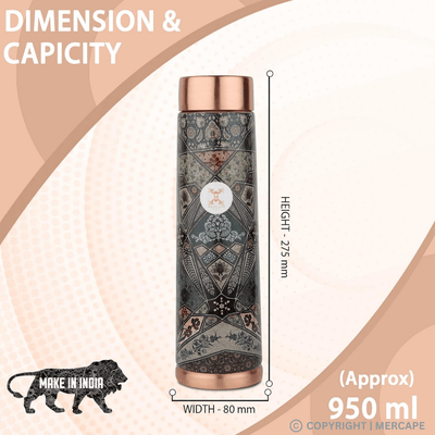 MERCAPE® - Copper Bottles, 100% Pure Copper Anti Rust Anti Oxidant Leak Proof Floral Meena Printed BPA Free Water Flask Kitchen Accessory, Fancy Bottle For Kids Office Gym Travel (950 ML) - Black