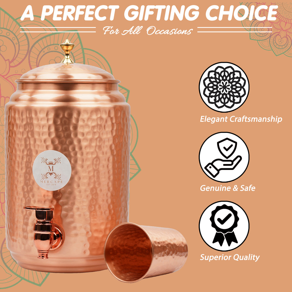 Mercape® 5 Litre Pure Copper Water Dispenser with Stand & 300ml Tumbler | Matte Finish | Full Hammered & Half Hammered Design | Ayurvedic Health Benefits (Full-Hammered Dispenser)
