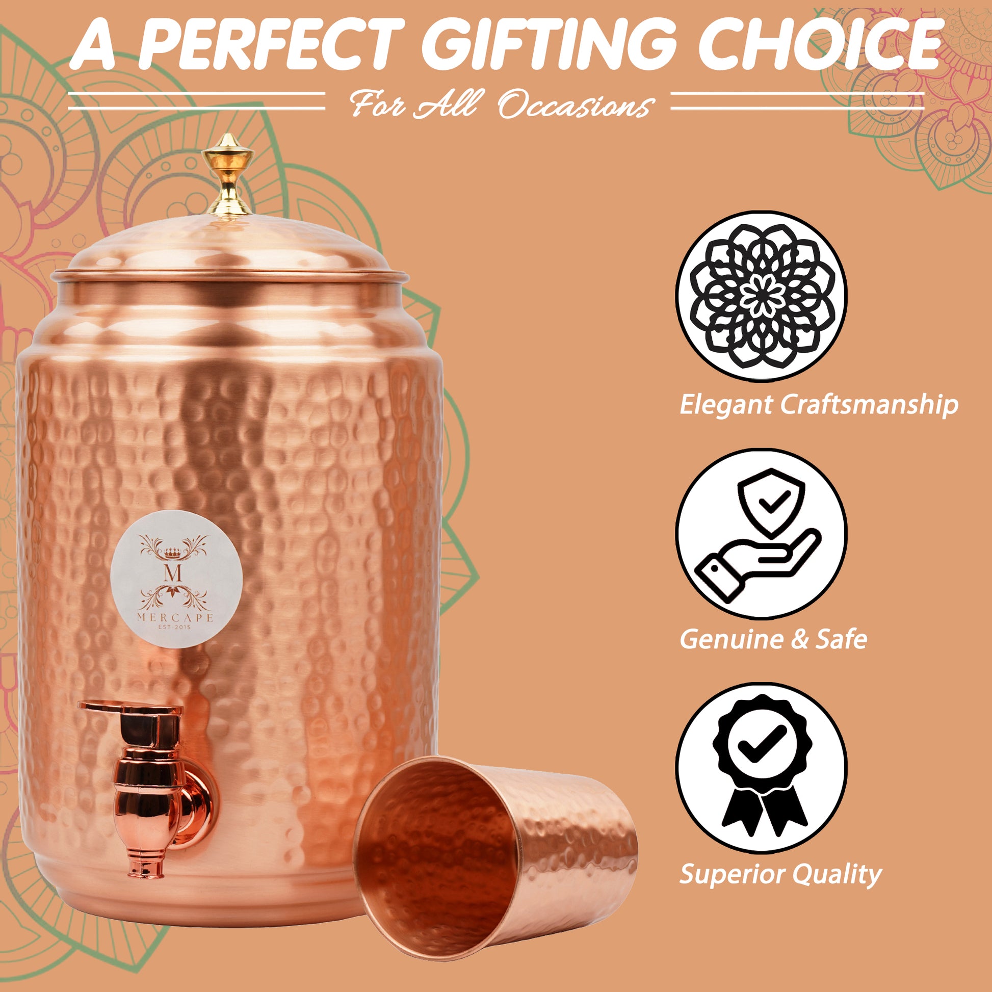 Mercape® 5 Litre Pure Copper Water Dispenser with Stand & 300ml Tumbler | Matte Finish | Full Hammered & Half Hammered Design | Ayurvedic Health Benefits (Full-Hammered Dispenser)