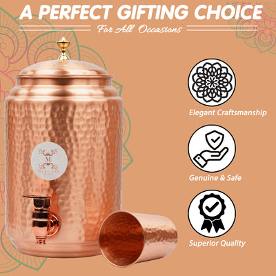 Mercape® 5 Litre Pure Copper Water Dispenser with Stand & 300ml Tumbler | Matte Finish | Full Hammered & Half Hammered Design | Ayurvedic Health Benefits (Full-Hammered Dispenser)