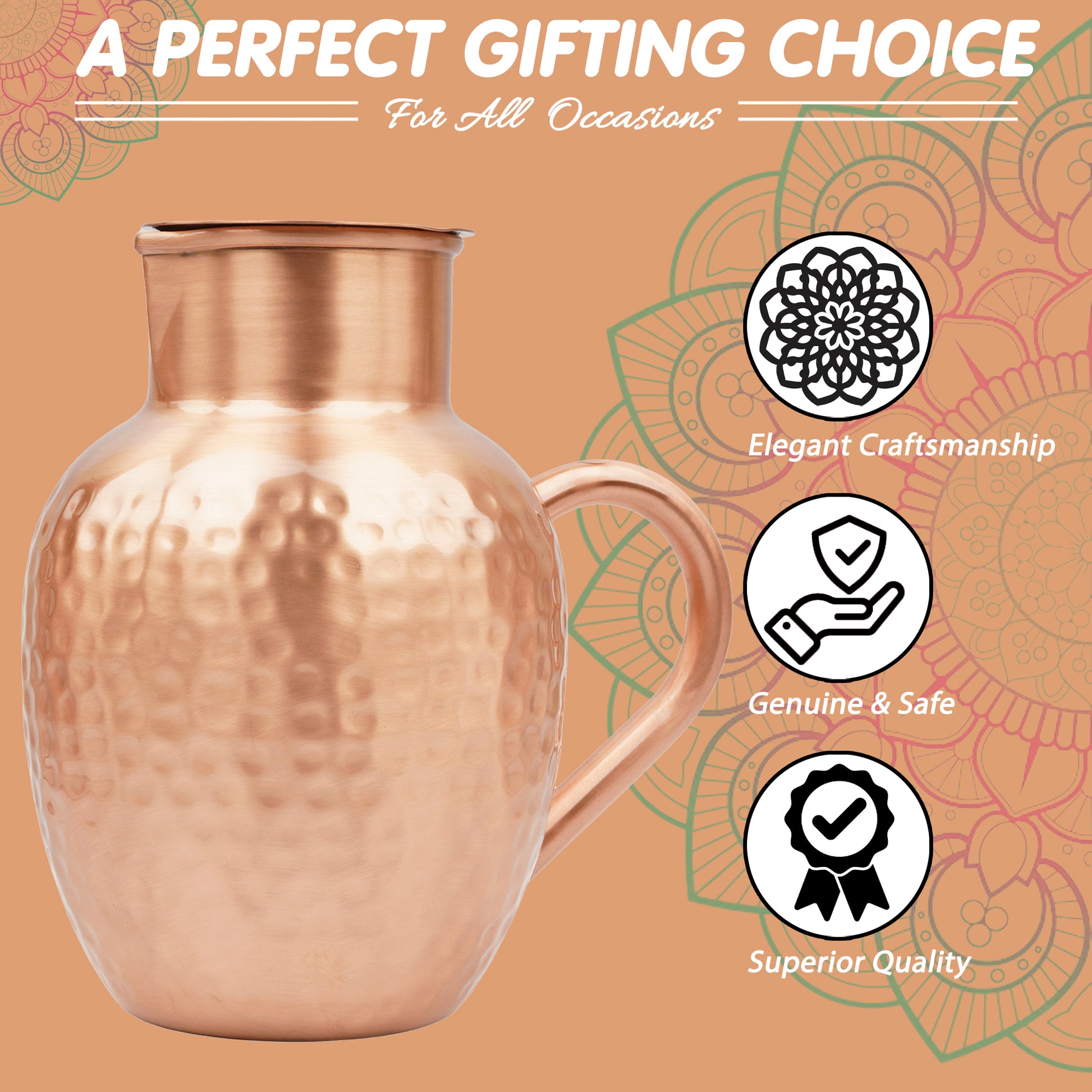 Mercape® 1600 ml Pure Copper Water Jug with Matte Finish & Lid – Handcrafted Hammered Copper Pitcher for Ayurvedic Health Benefits, Antimicrobial & Antioxidant Properties