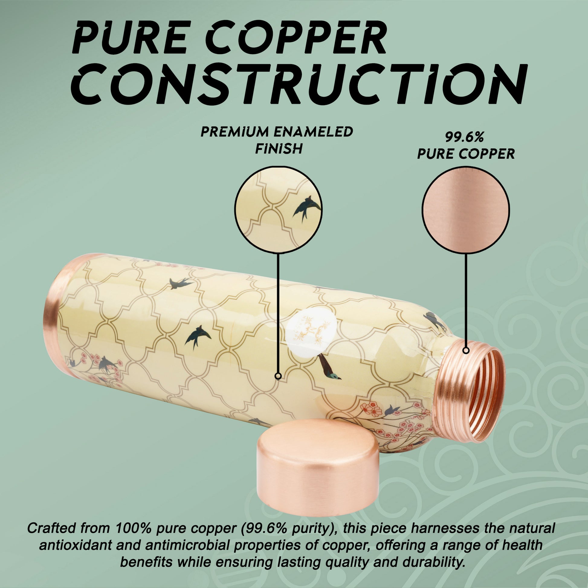 Jointless Printed Copper Bottle 950 ml with 2 Glass set 250 ml each