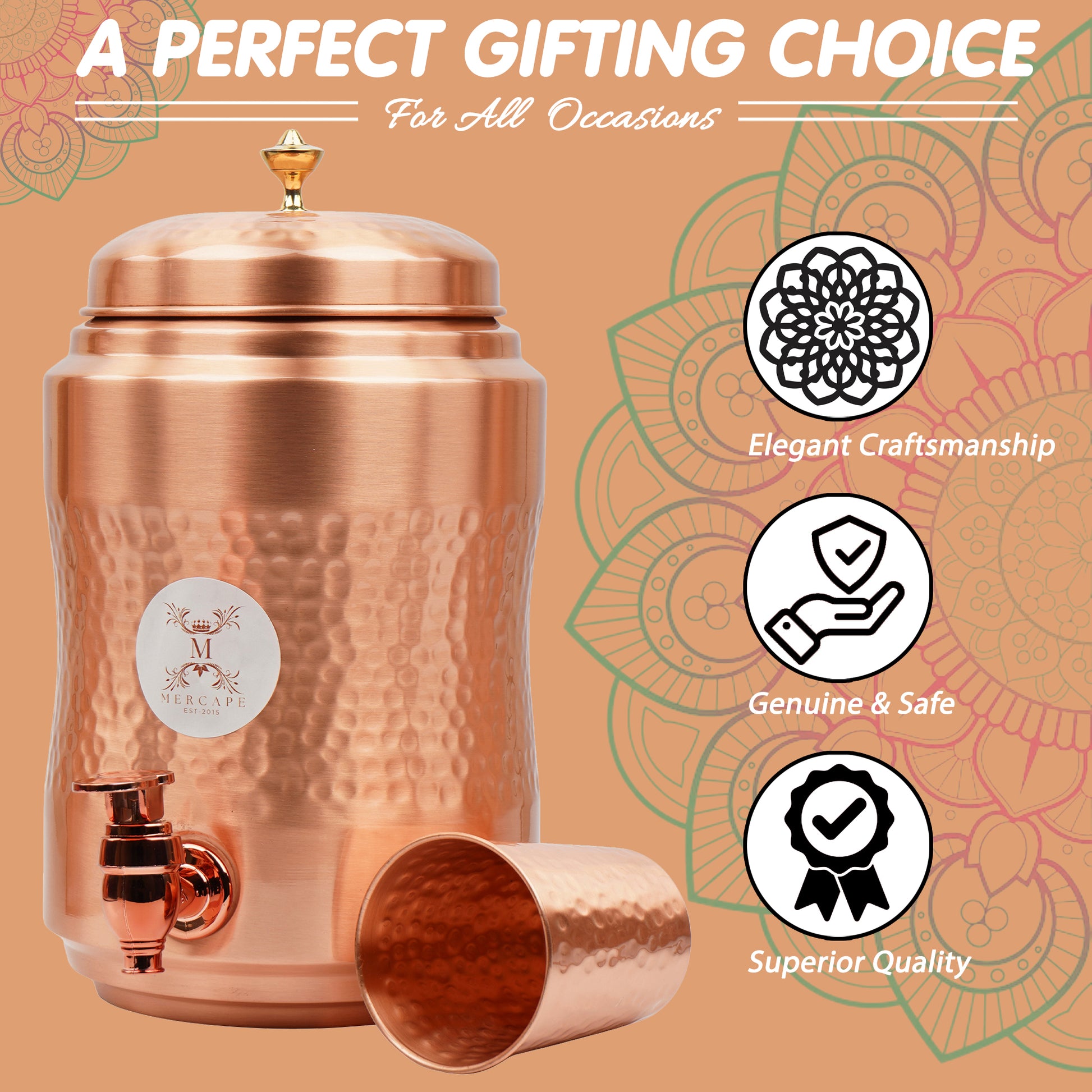 Mercape® 5 Litre Pure Copper Water Dispenser with Stand & 300ml Tumbler | Matte Finish | Full Hammered & Half Hammered Design | Ayurvedic Health Benefits (Half-Hammered Dispenser)