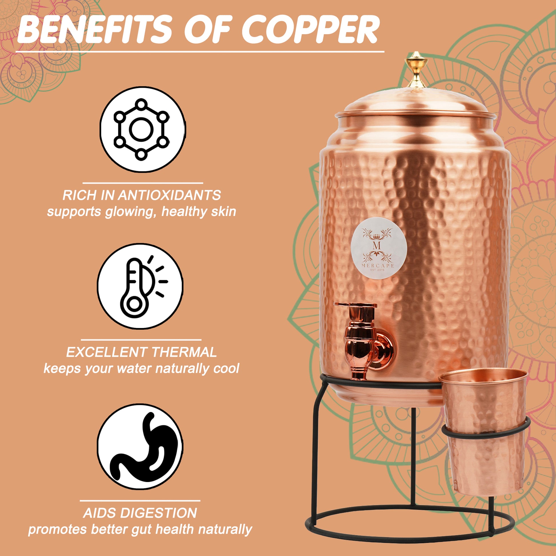Mercape® 5 Litre Pure Copper Water Dispenser with Stand & 300ml Tumbler | Matte Finish | Full Hammered & Half Hammered Design | Ayurvedic Health Benefits (Full-Hammered Dispenser)