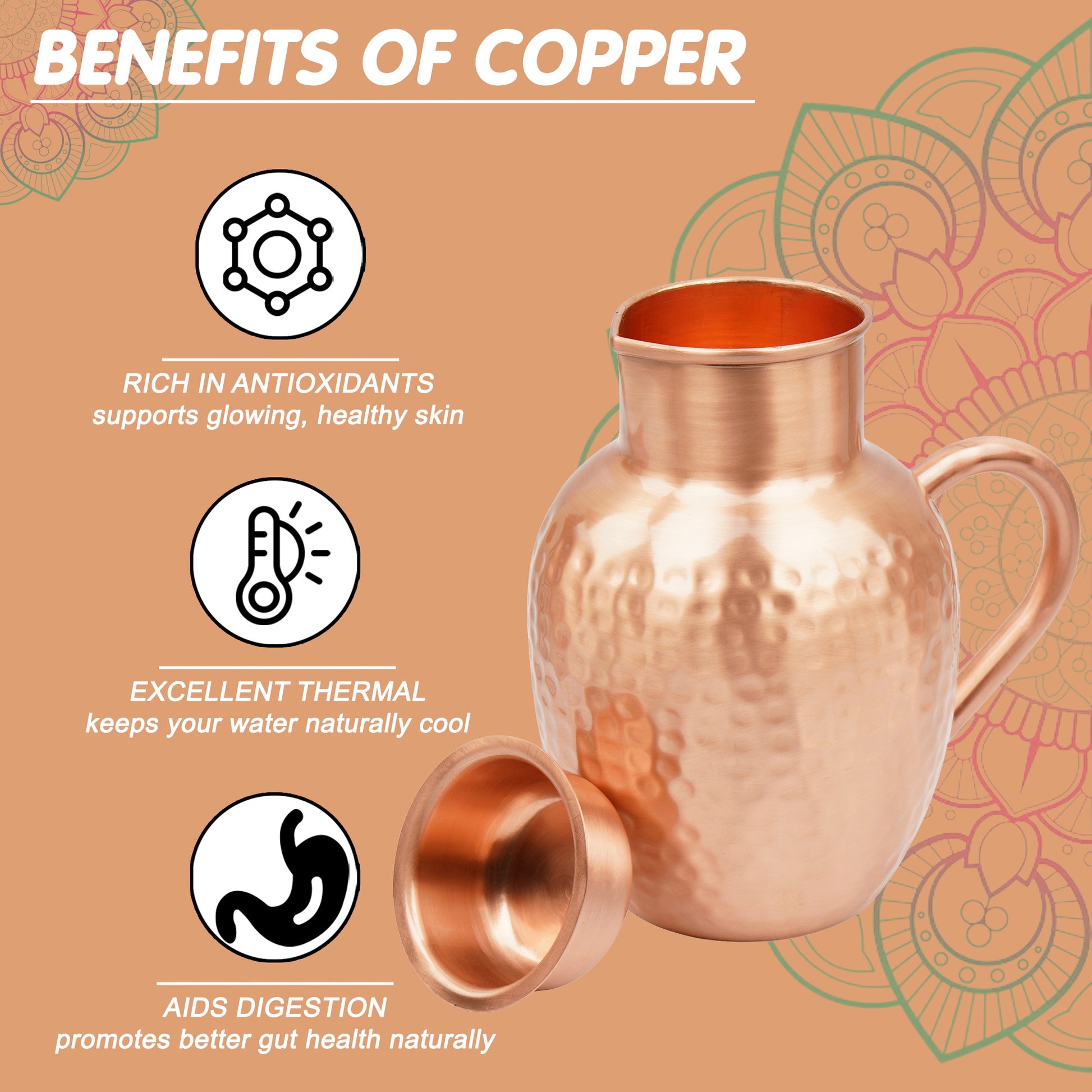 Mercape® 1600 ml Pure Copper Water Jug with Matte Finish & Lid – Handcrafted Hammered Copper Pitcher for Ayurvedic Health Benefits, Antimicrobial & Antioxidant Properties