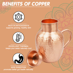 Mercape® 1600 ml Pure Copper Water Jug with Matte Finish & Lid – Handcrafted Hammered Copper Pitcher for Ayurvedic Health Benefits, Antimicrobial & Antioxidant Properties