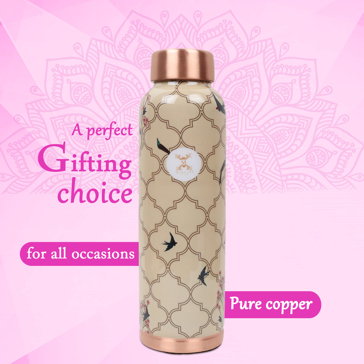MERCAPE® - Copper Bottles for Water with Leak Proof Lid | 100% Pure Copper Bottle | BPA Free & Non Toxic | Printed Ayurvedic Copper Bottle for Health Benefits - 950 ML-Beige Color