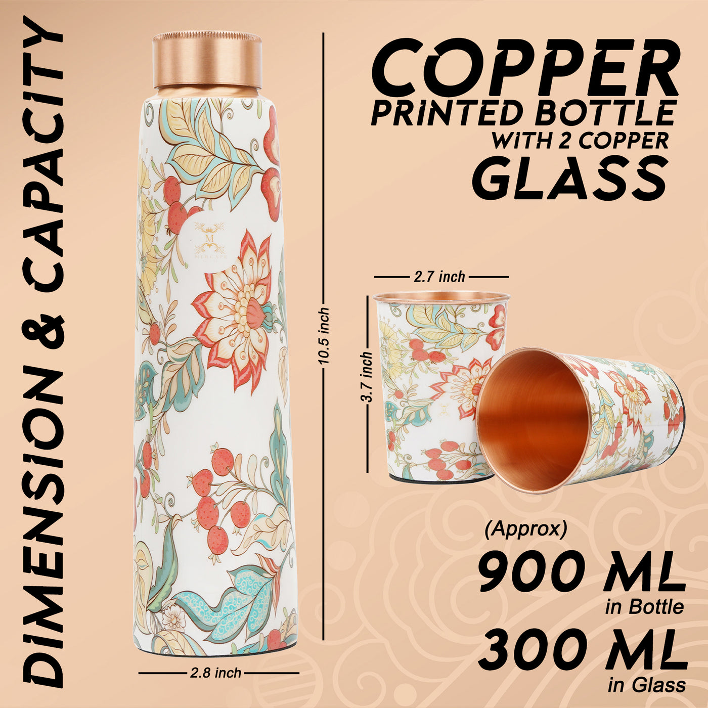 Printed Copper Bottle 950 ml with 2 Glass set 250 ml each