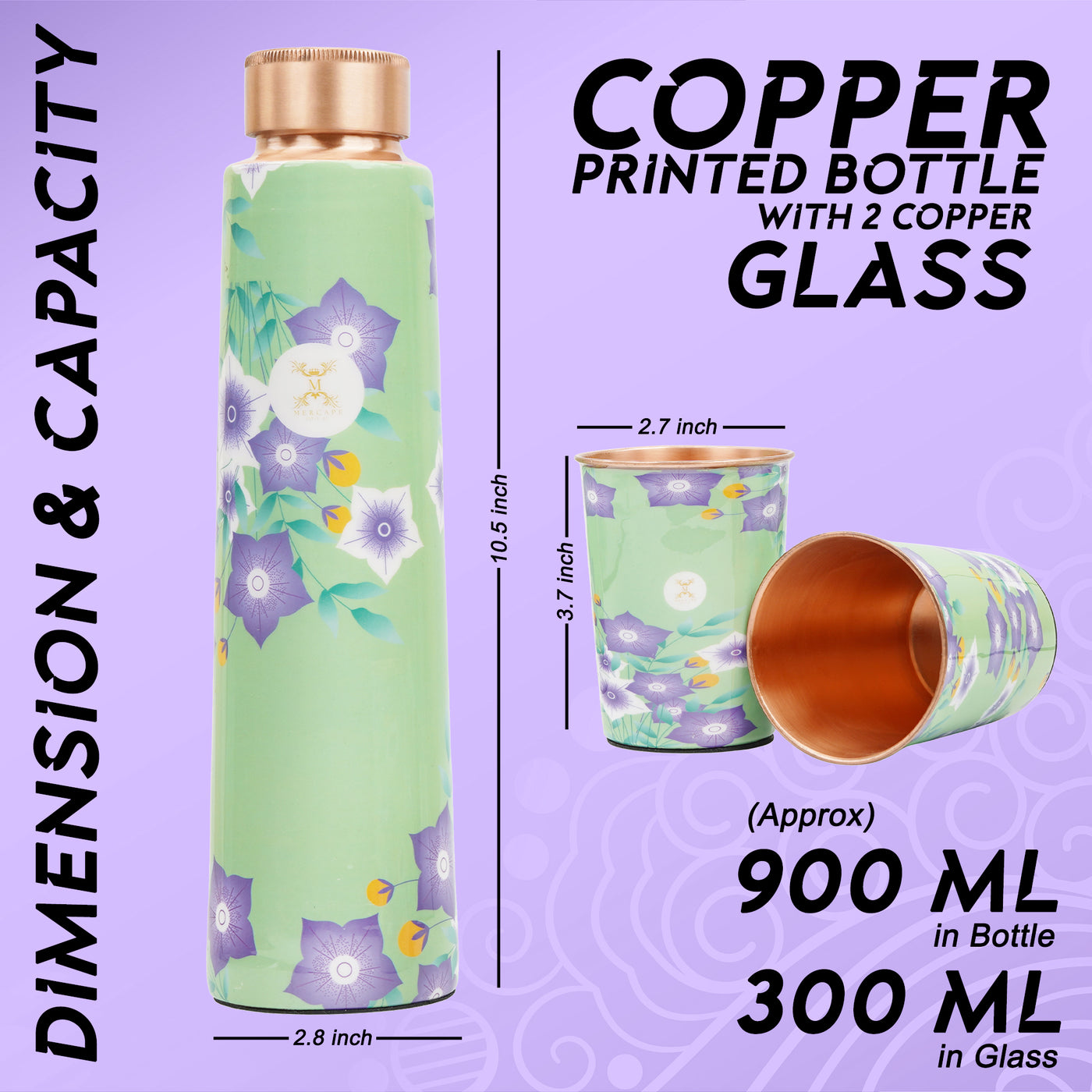 Printed Copper Bottle 950 ml with 2 Glass set 250 ml each
