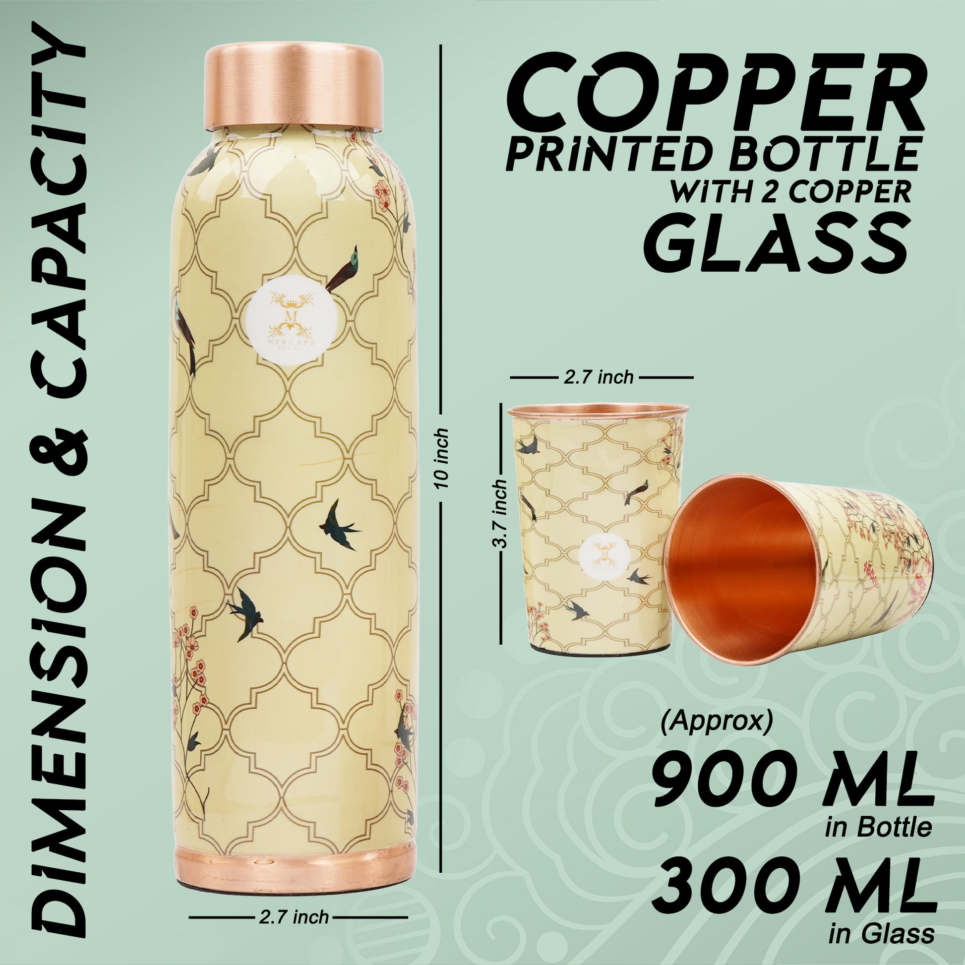 Jointless Printed Copper Bottle 950 ml with 2 Glass set 250 ml each