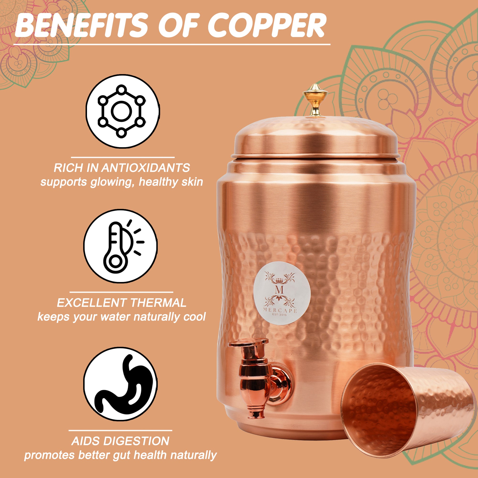 Mercape® 5 Litre Pure Copper Water Dispenser with Stand & 300ml Tumbler | Matte Finish | Full Hammered & Half Hammered Design | Ayurvedic Health Benefits (Half-Hammered Dispenser)