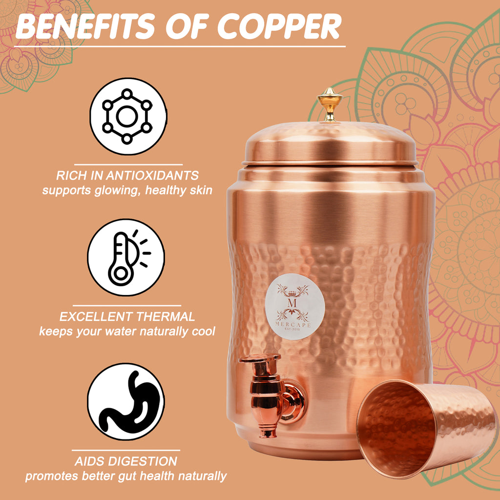 Mercape® 5 Litre Pure Copper Water Dispenser with Stand & 300ml Tumbler | Matte Finish | Full Hammered & Half Hammered Design | Ayurvedic Health Benefits (Half-Hammered Dispenser)