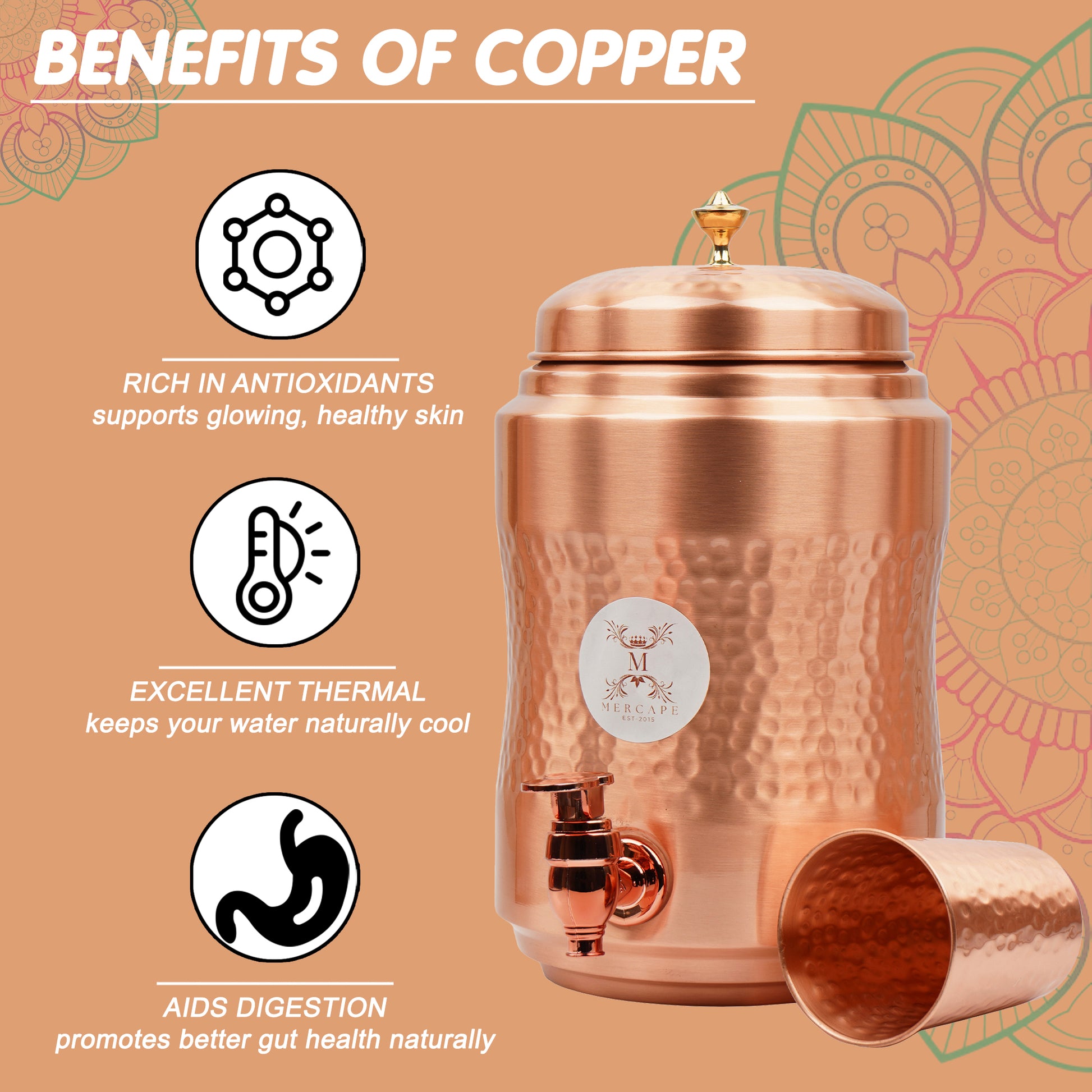 Mercape® 5 Litre Pure Copper Water Dispenser with Stand & 300ml Tumbler | Matte Finish | Full Hammered & Half Hammered Design | Ayurvedic Health Benefits (Half-Hammered Dispenser)