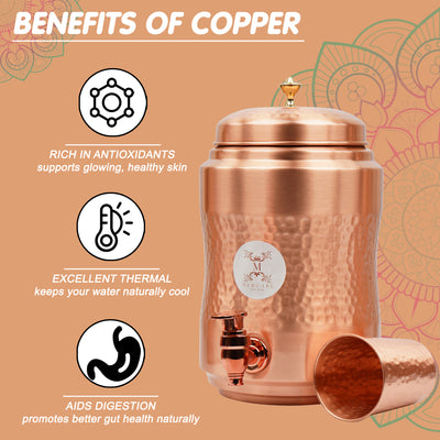 Mercape® 5 Litre Pure Copper Water Dispenser with Stand & 300ml Tumbler | Matte Finish | Full Hammered & Half Hammered Design | Ayurvedic Health Benefits (Half-Hammered Dispenser)