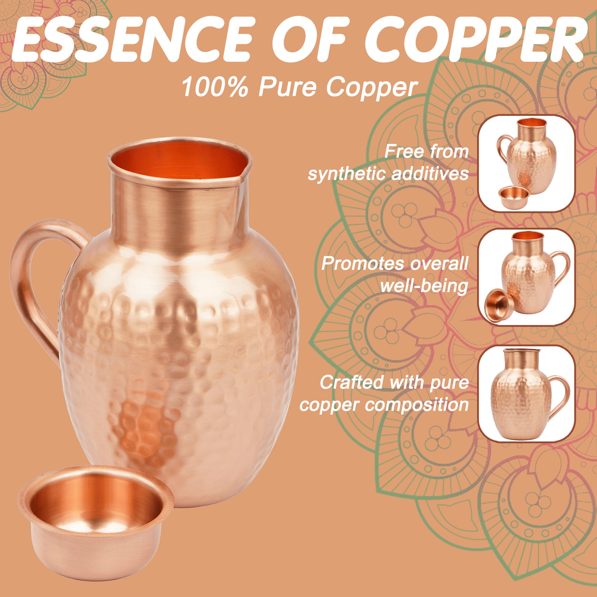 Mercape® 1600 ml Pure Copper Water Jug with Matte Finish & Lid – Handcrafted Hammered Copper Pitcher for Ayurvedic Health Benefits, Antimicrobial & Antioxidant Properties