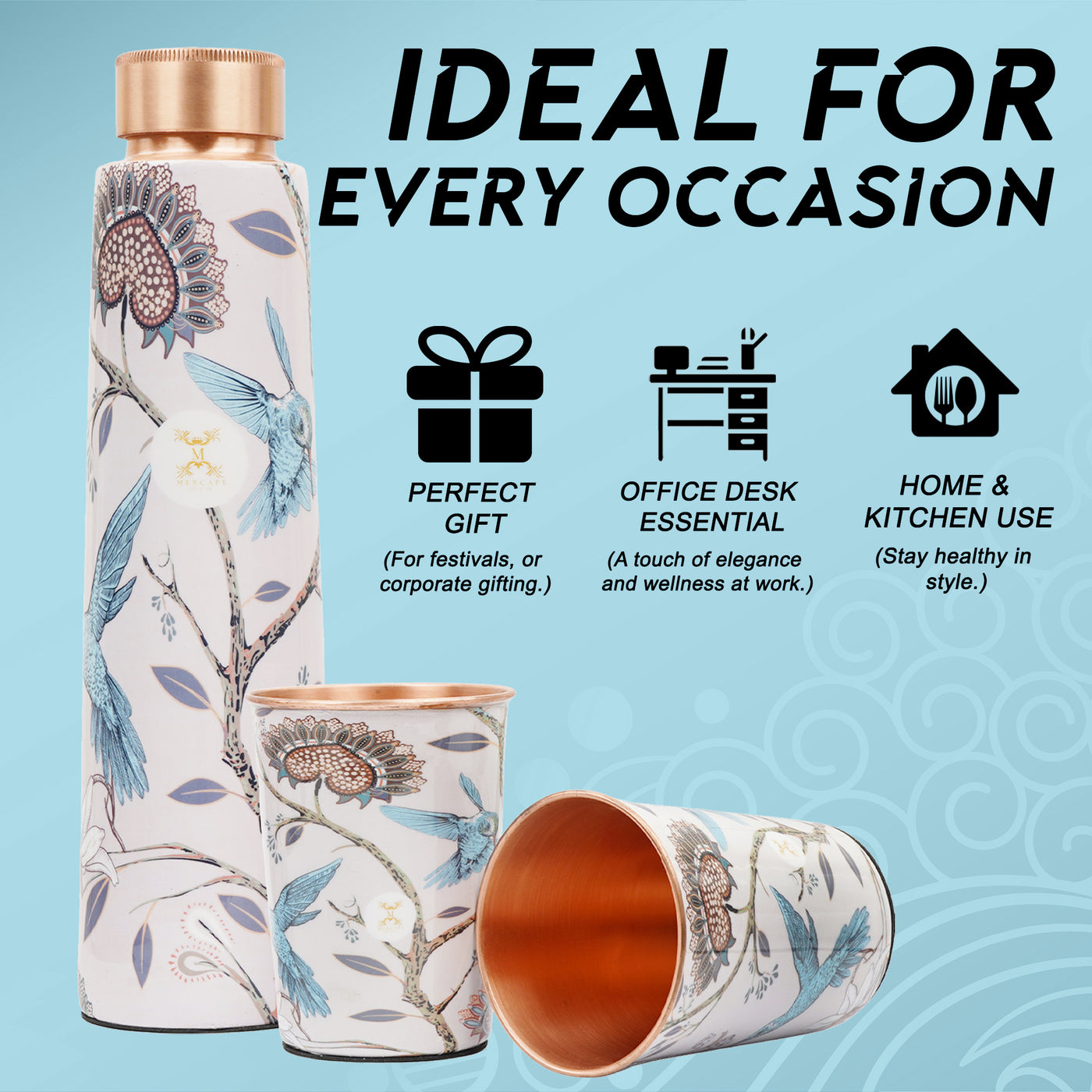 Printed Copper Bottle 950 ml with 2 Glass set 300 ml each