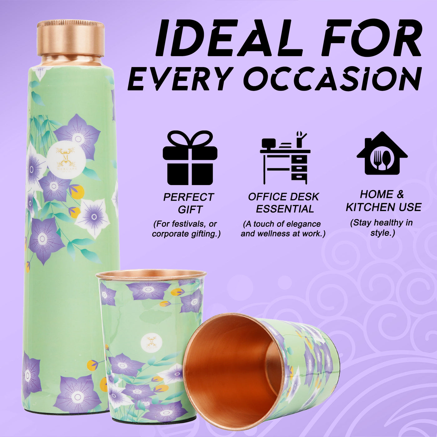 Printed Copper Bottle 950 ml with 2 Glass set 250 ml each