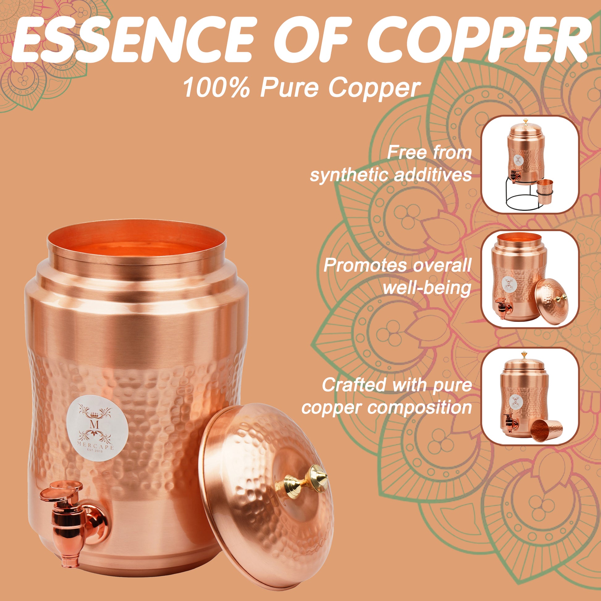 Mercape® 5 Litre Pure Copper Water Dispenser with Stand & 300ml Tumbler | Matte Finish | Full Hammered & Half Hammered Design | Ayurvedic Health Benefits (Half-Hammered Dispenser)