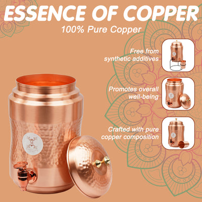 Mercape® 5 Litre Pure Copper Water Dispenser with Stand & 300ml Tumbler | Matte Finish | Full Hammered & Half Hammered Design | Ayurvedic Health Benefits (Half-Hammered Dispenser)