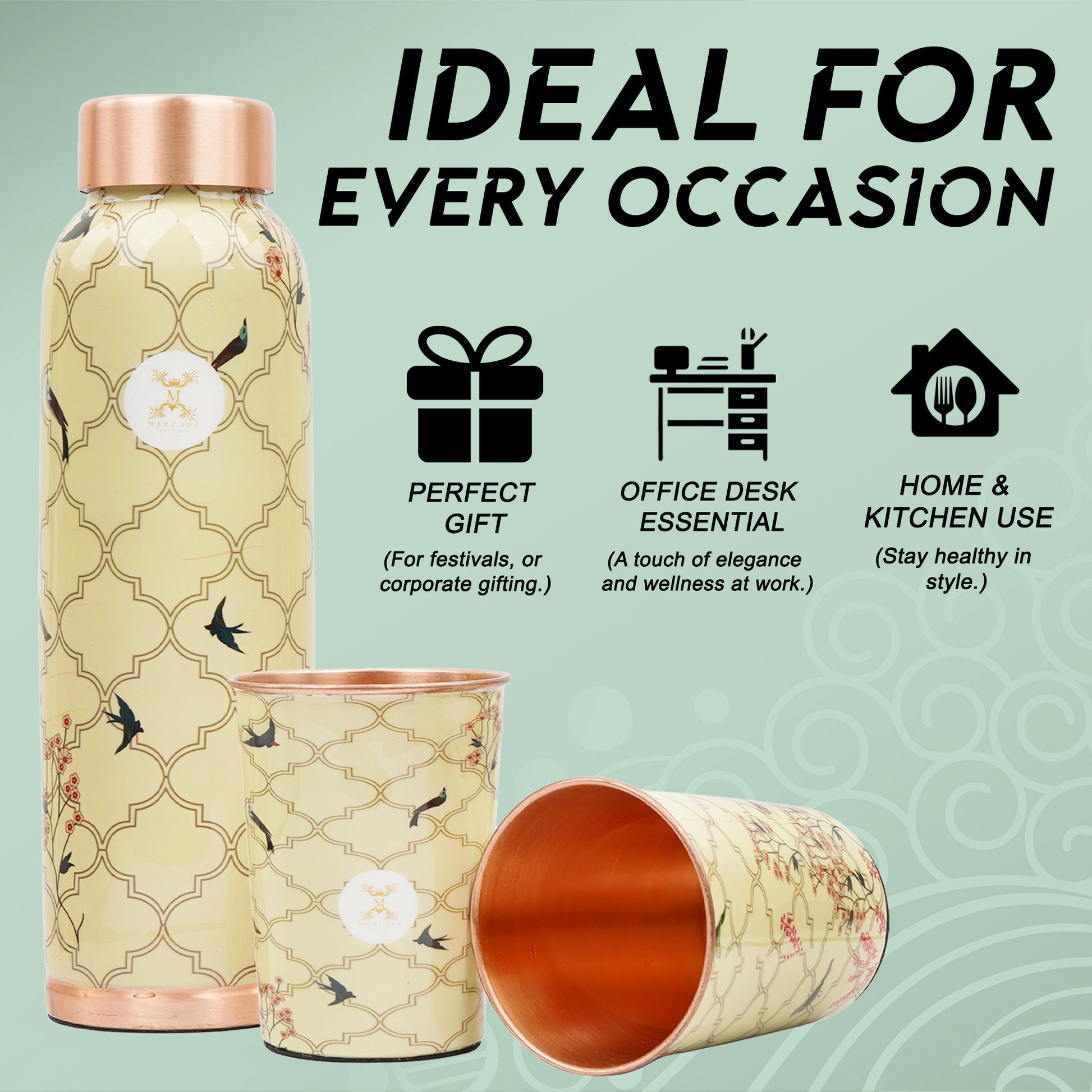 Jointless Printed Copper Bottle 950 ml with 2 Glass set 250 ml each