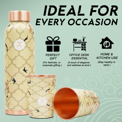 Jointless Printed Copper Bottle 950 ml with 2 Glass set 250 ml each