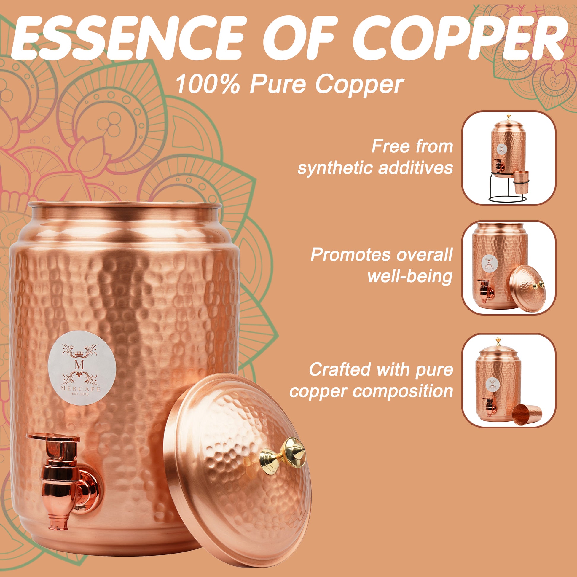 Mercape® 5 Litre Pure Copper Water Dispenser with Stand & 300ml Tumbler | Matte Finish | Full Hammered & Half Hammered Design | Ayurvedic Health Benefits (Full-Hammered Dispenser)