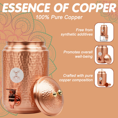 Mercape® 5 Litre Pure Copper Water Dispenser with Stand & 300ml Tumbler | Matte Finish | Full Hammered & Half Hammered Design | Ayurvedic Health Benefits (Full-Hammered Dispenser)