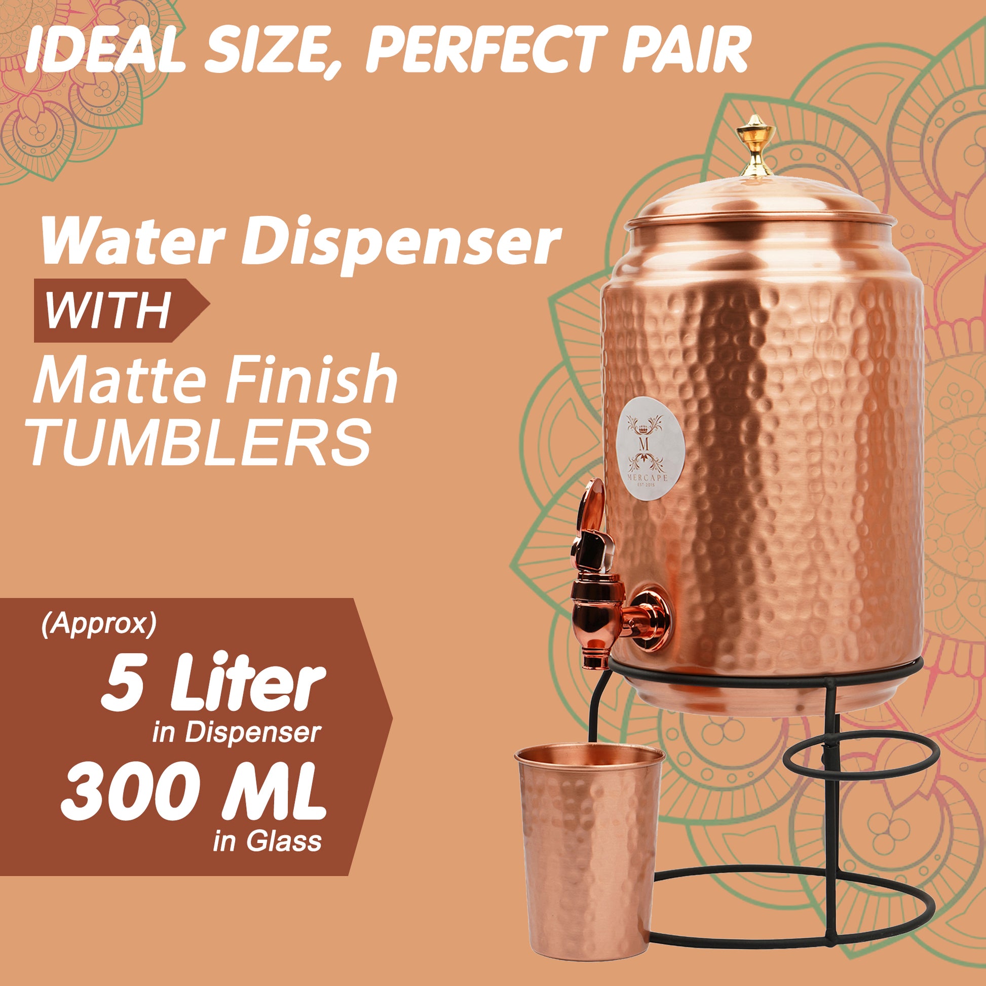 Mercape® 5 Litre Pure Copper Water Dispenser with Stand & 300ml Tumbler | Matte Finish | Full Hammered & Half Hammered Design | Ayurvedic Health Benefits (Full-Hammered Dispenser)