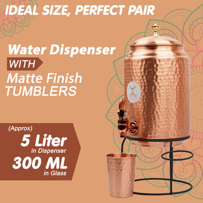 Mercape® 5 Litre Pure Copper Water Dispenser with Stand & 300ml Tumbler | Matte Finish | Full Hammered & Half Hammered Design | Ayurvedic Health Benefits (Full-Hammered Dispenser)