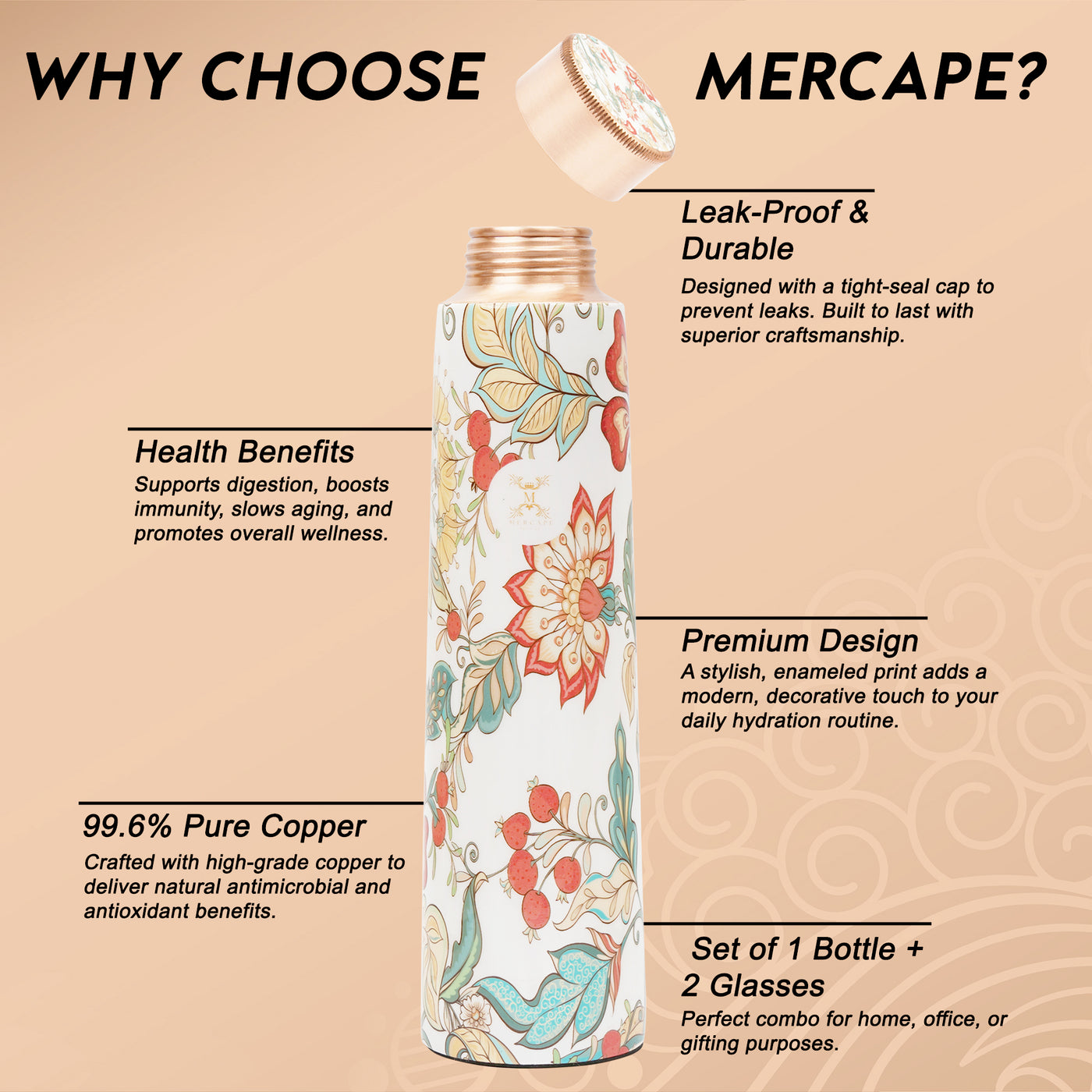 Printed Copper Bottle 950 ml with 2 Glass set 250 ml each