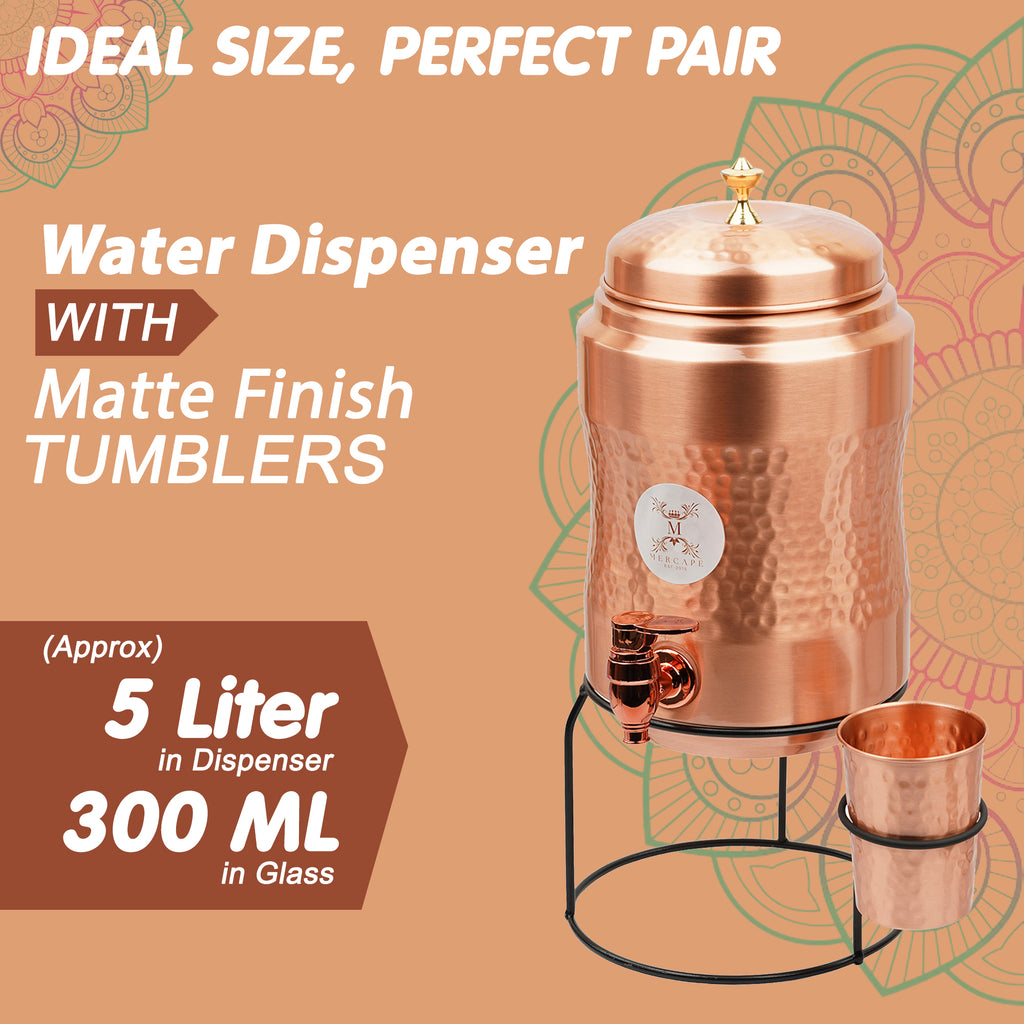 Mercape® 5 Litre Pure Copper Water Dispenser with Stand & 300ml Tumbler | Matte Finish | Full Hammered & Half Hammered Design | Ayurvedic Health Benefits (Half-Hammered Dispenser)