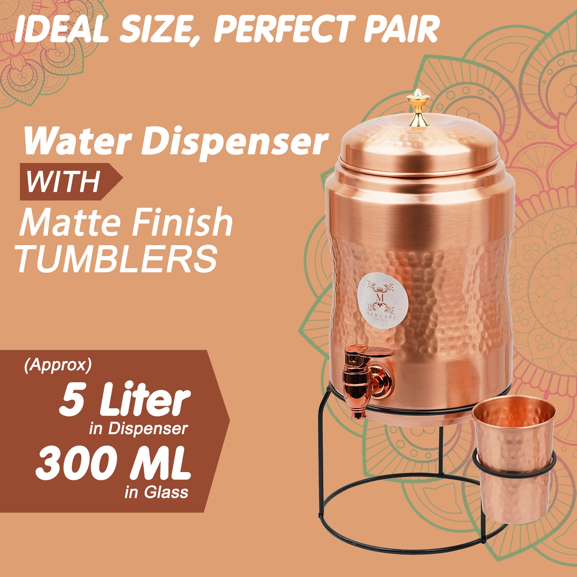 Mercape® 5 Litre Pure Copper Water Dispenser with Stand & 300ml Tumbler | Matte Finish | Full Hammered & Half Hammered Design | Ayurvedic Health Benefits (Half-Hammered Dispenser)