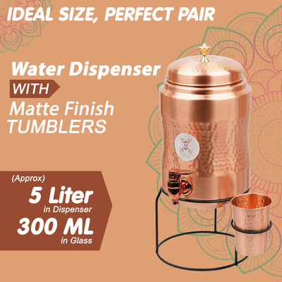 Mercape® 5 Litre Pure Copper Water Dispenser with Stand & 300ml Tumbler | Matte Finish | Full Hammered & Half Hammered Design | Ayurvedic Health Benefits (Half-Hammered Dispenser)