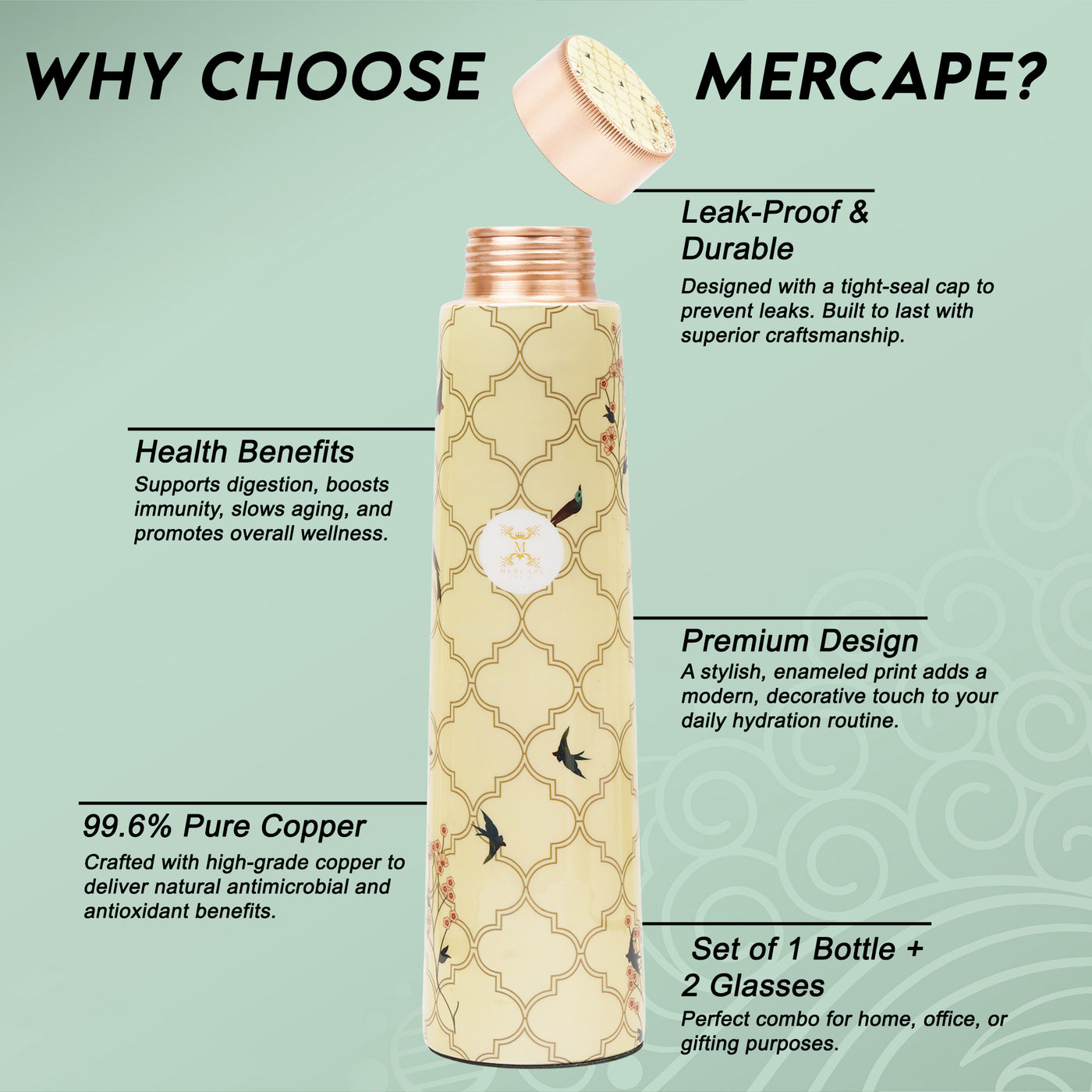 Printed Copper Bottle 950 ml with 2 Glass set 250 ml each