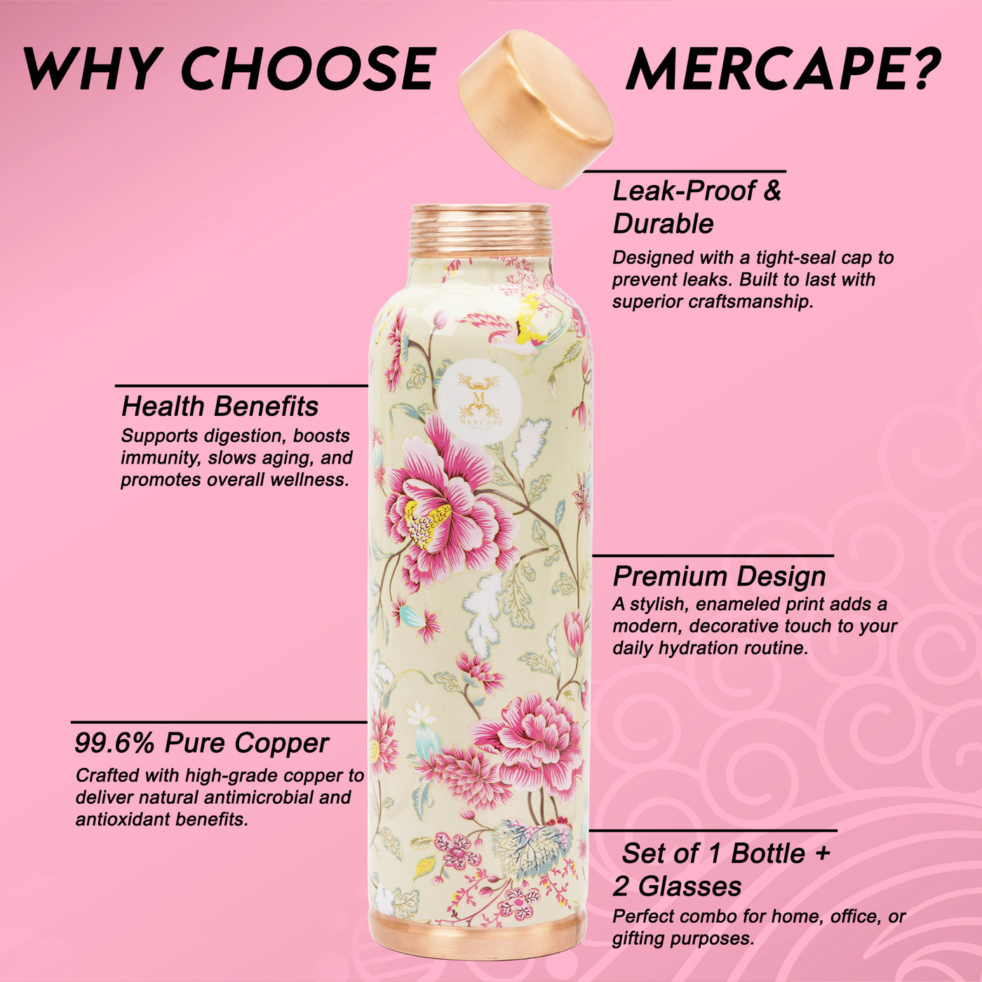 Printed Copper Bottle 950 ml with 2 Glass set 250 ml each