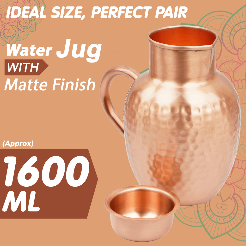 Mercape® 1600 ml Pure Copper Water Jug with Matte Finish & Lid – Handcrafted Hammered Copper Pitcher for Ayurvedic Health Benefits, Antimicrobial & Antioxidant Properties