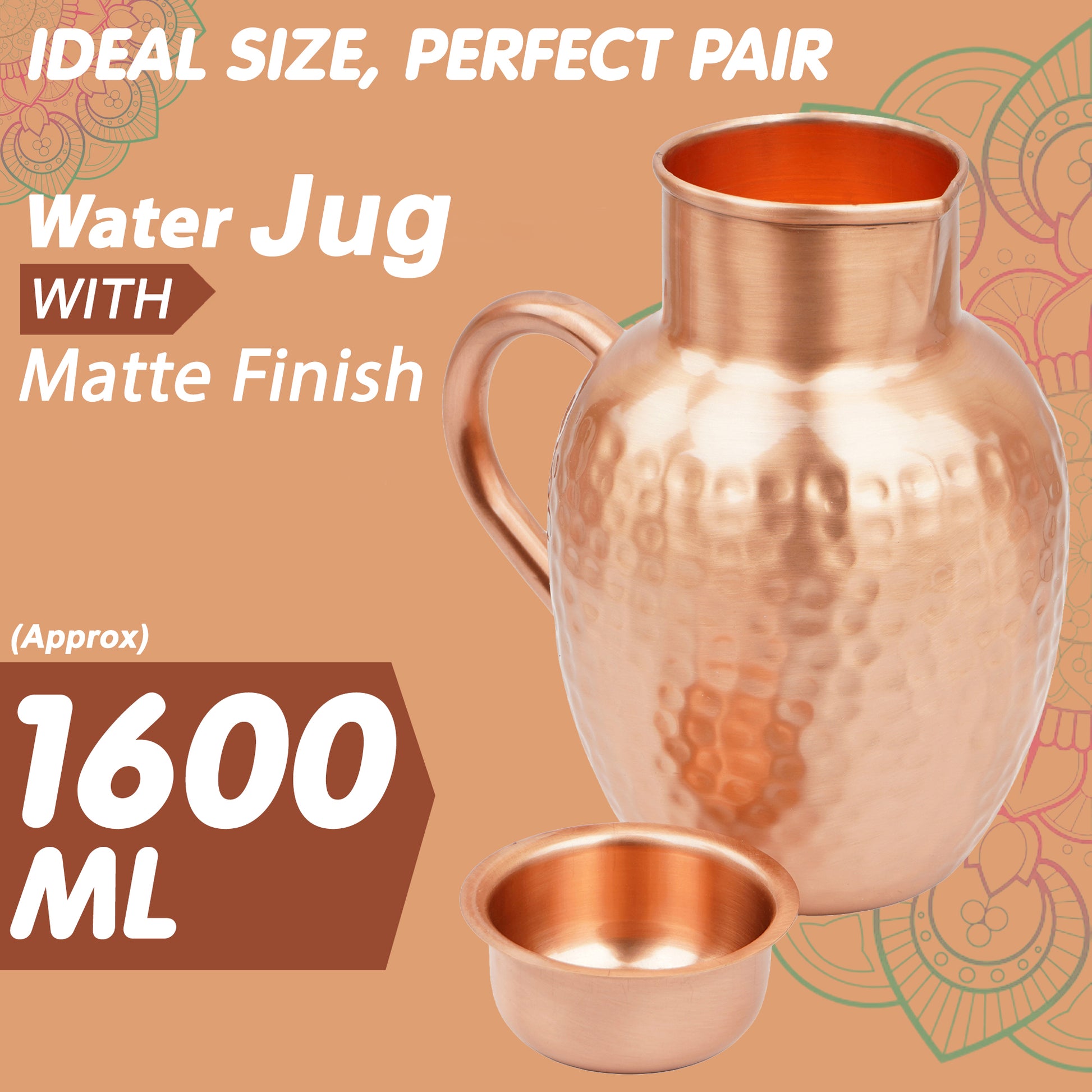 Mercape® 1600 ml Pure Copper Water Jug with Matte Finish & Lid – Handcrafted Hammered Copper Pitcher for Ayurvedic Health Benefits, Antimicrobial & Antioxidant Properties