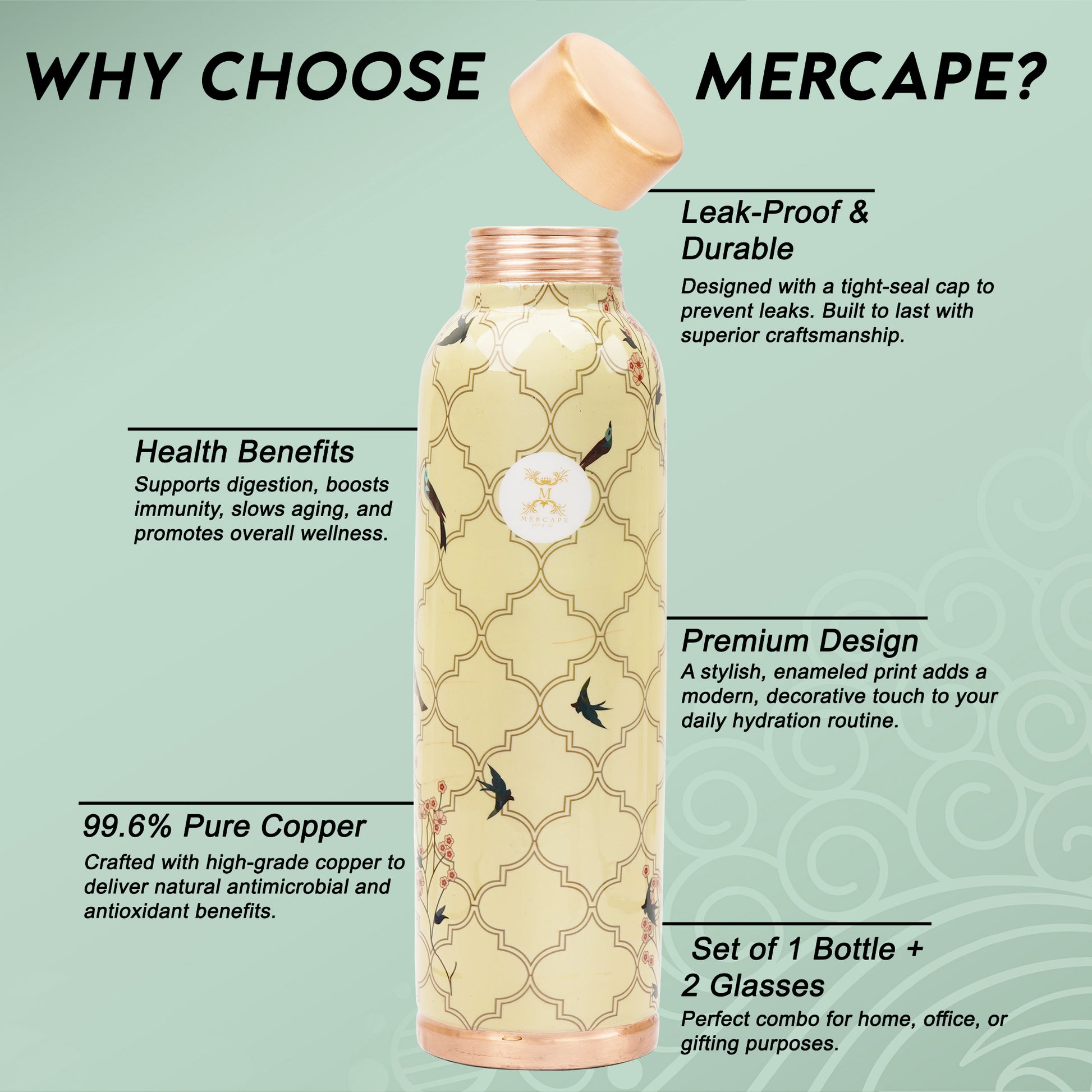 Jointless Printed Copper Bottle 950 ml with 2 Glass set 250 ml each