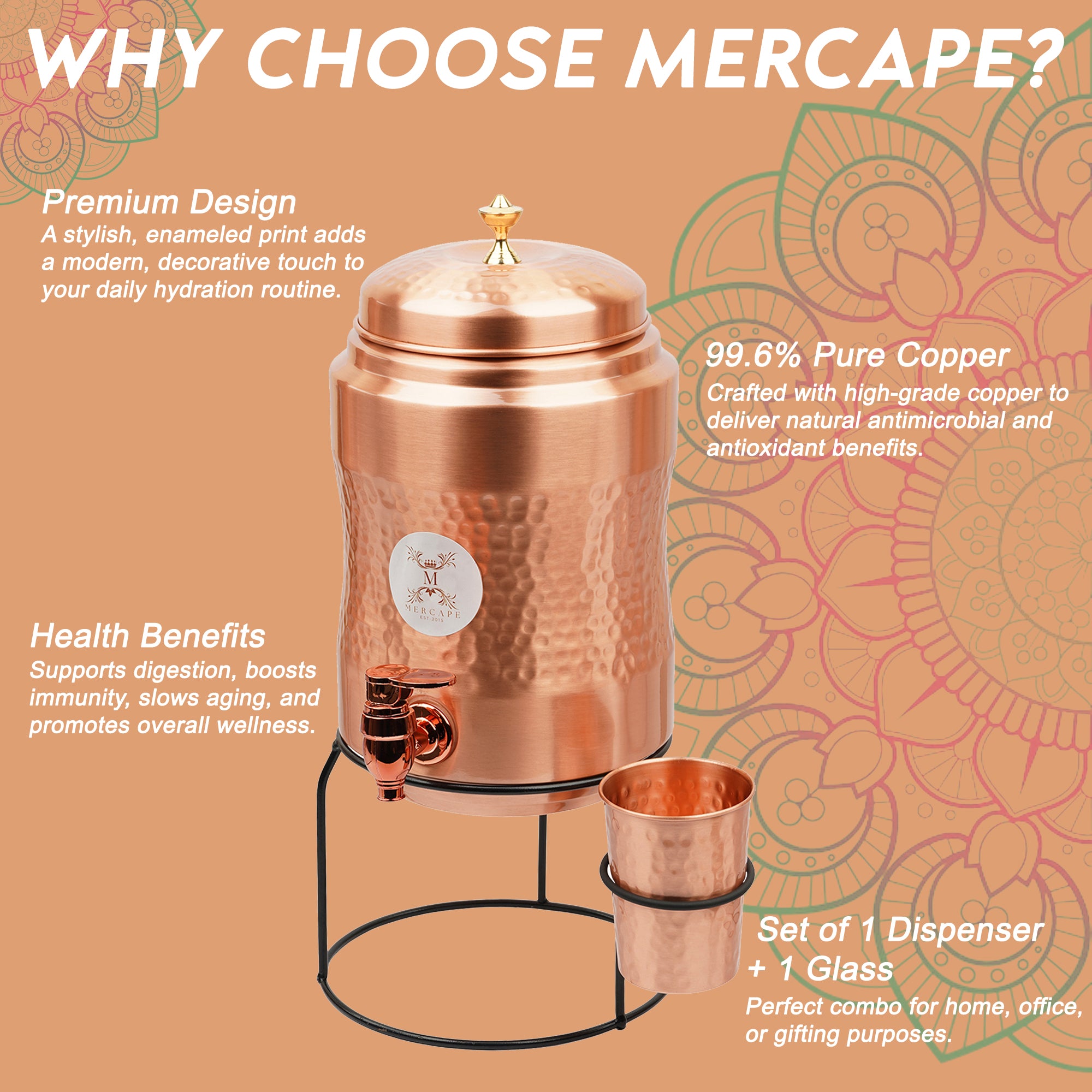 Mercape® 5 Litre Pure Copper Water Dispenser with Stand & 300ml Tumbler | Matte Finish | Full Hammered & Half Hammered Design | Ayurvedic Health Benefits (Half-Hammered Dispenser)