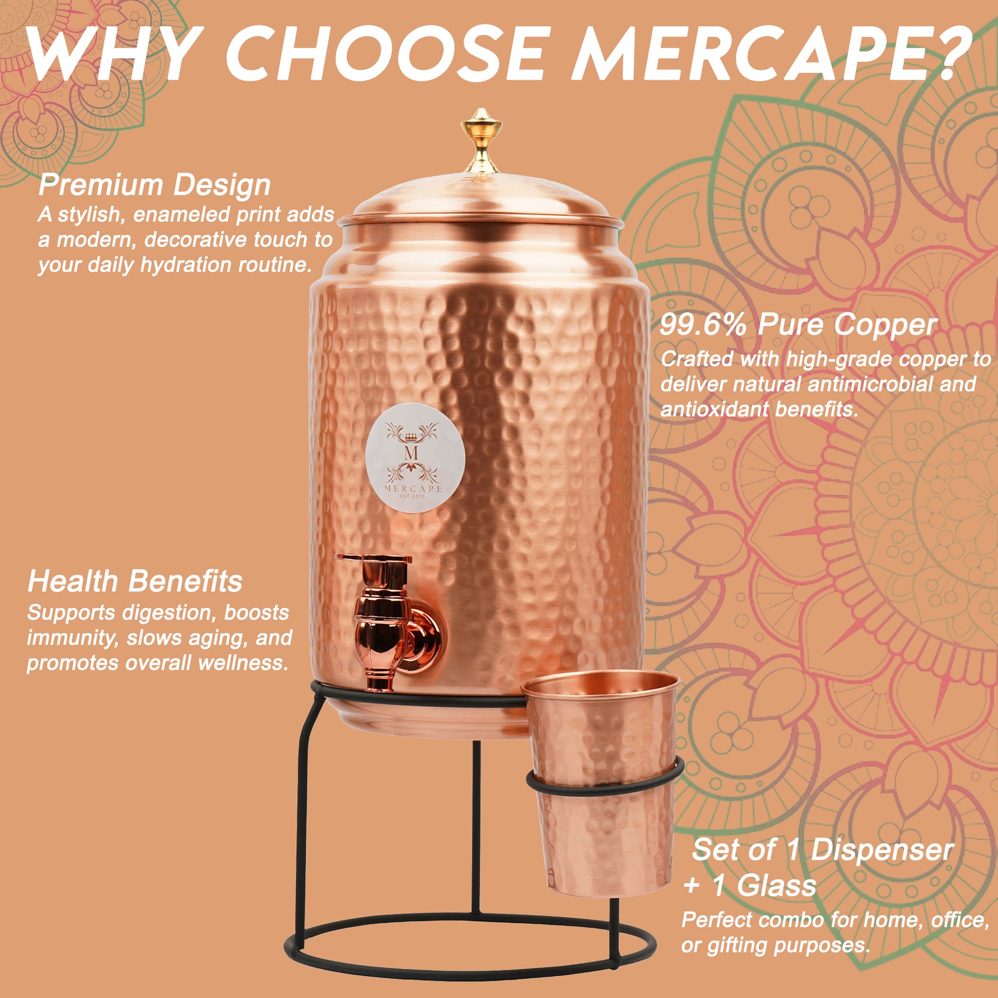 Mercape® 5 Litre Pure Copper Water Dispenser with Stand & 300ml Tumbler | Matte Finish | Full Hammered & Half Hammered Design | Ayurvedic Health Benefits (Full-Hammered Dispenser)