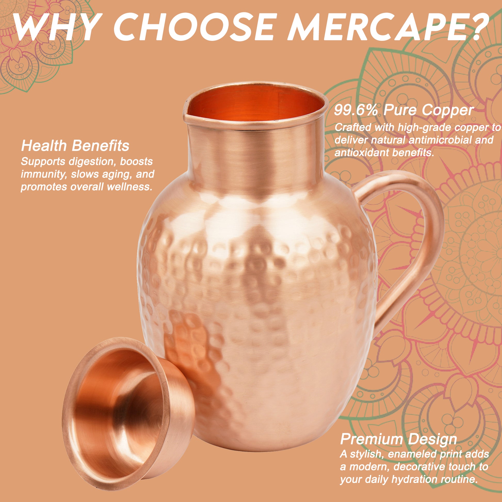 Mercape® 1600 ml Pure Copper Water Jug with Matte Finish & Lid – Handcrafted Hammered Copper Pitcher for Ayurvedic Health Benefits, Antimicrobial & Antioxidant Properties