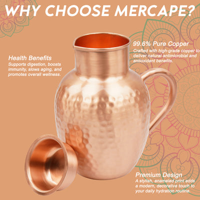 Mercape® 1600 ml Pure Copper Water Jug with Matte Finish & Lid – Handcrafted Hammered Copper Pitcher for Ayurvedic Health Benefits, Antimicrobial & Antioxidant Properties