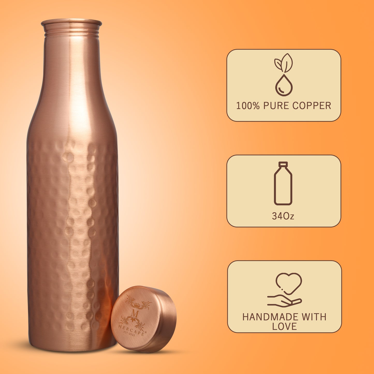 MERCAPE – Handcrafted Pure Copper Bottle - (950 ML)