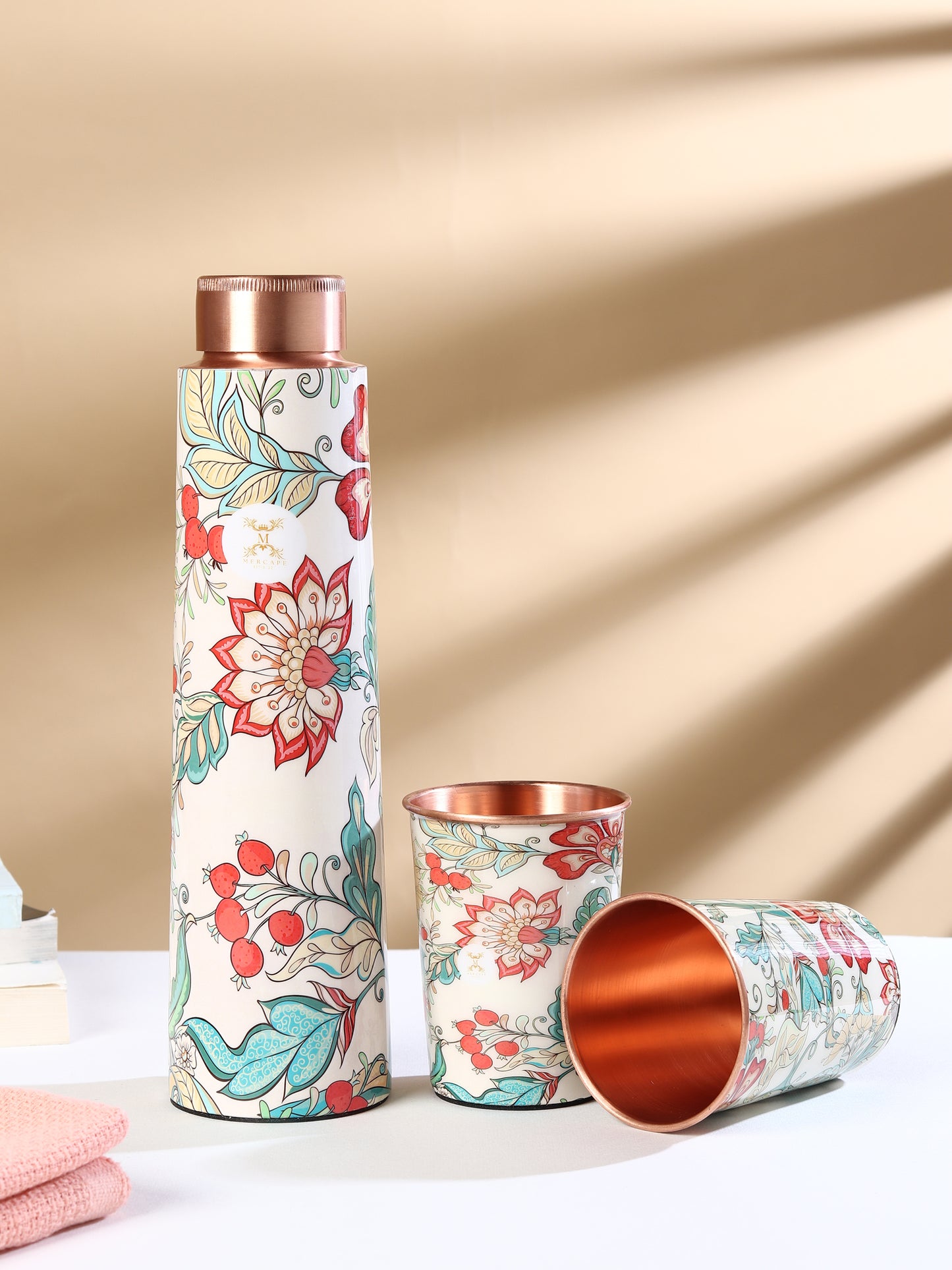 Printed Copper Bottle 950 ml with 2 Glass set 250 ml each