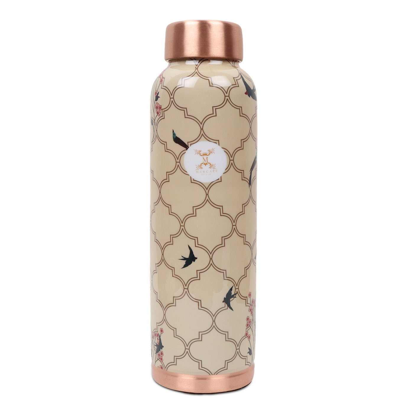 MERCAPE® - Copper Bottles for Water with Leak Proof Lid | 100% Pure Copper Bottle | BPA Free & Non Toxic | Printed Ayurvedic Copper Bottle for Health Benefits - 950 ML-Beige Color